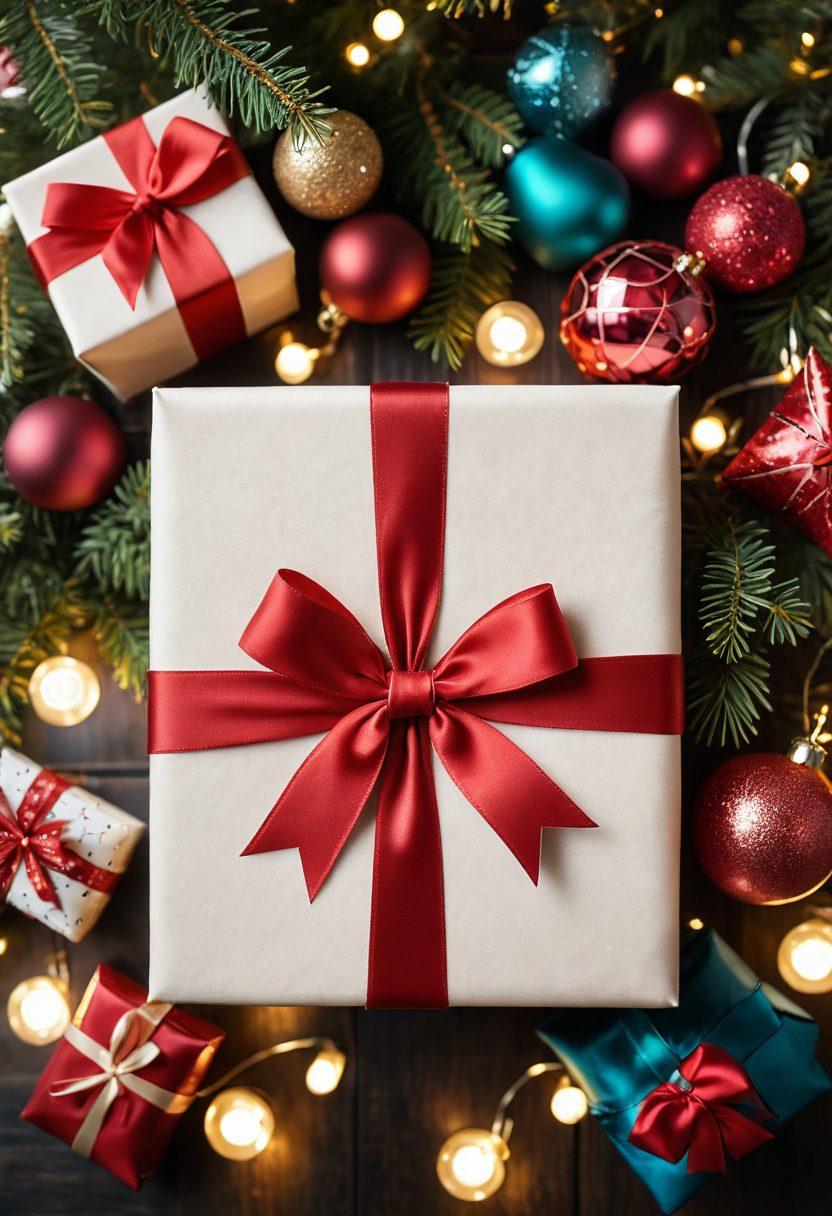 A beautifully wrapped gift box surrounded by a variety of personalized and romantic gifts like engraved jewelry, custom photo frames, and heart-shaped cushions. The background features festive decorations such as twinkling lights and holiday ornaments, creating a warm and inviting atmosphere. Include elements of a holiday shopping environment with a cheerful vibe. vibrant colors. super-realistic. festive style.