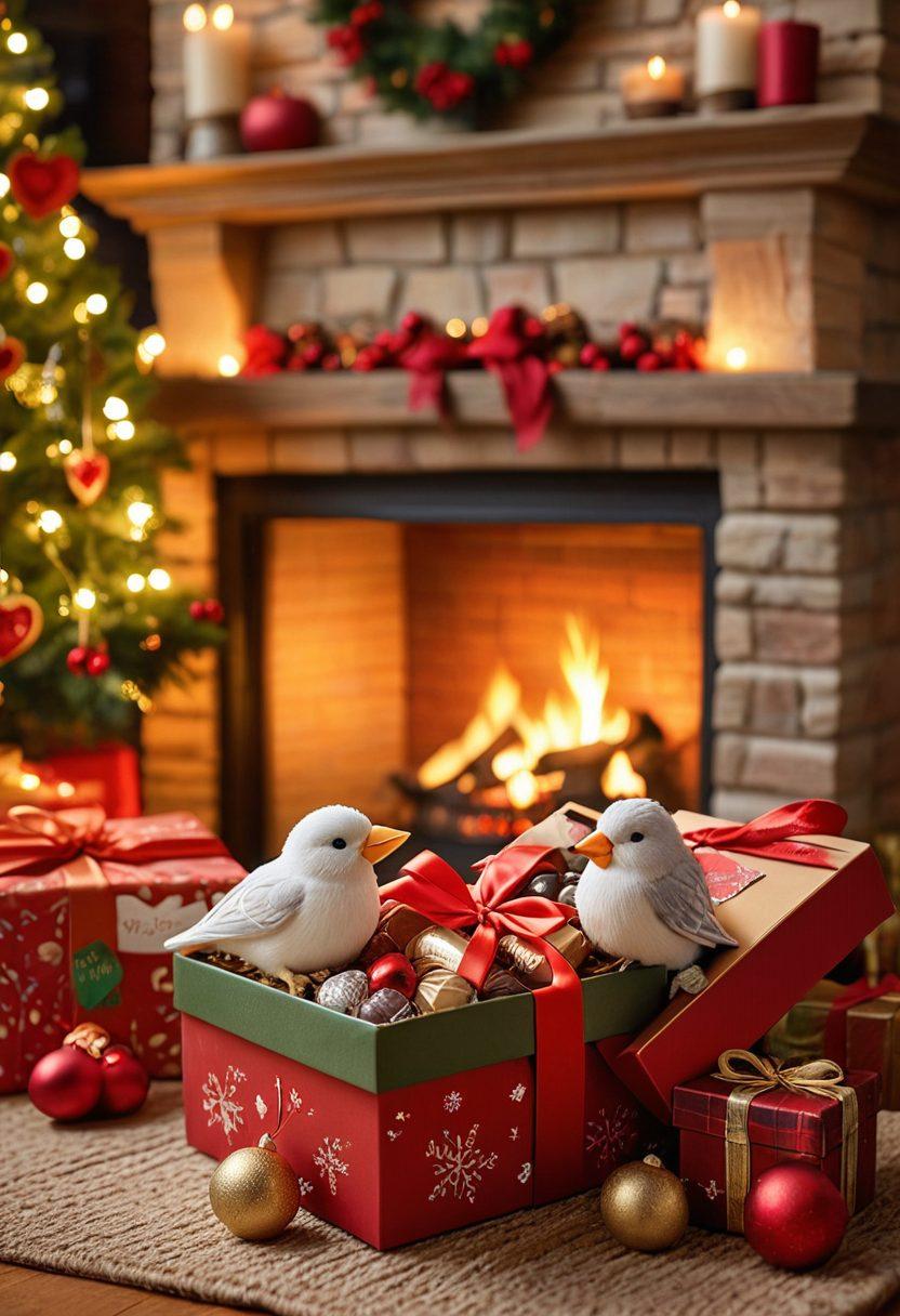 A cozy holiday scene featuring a beautifully arranged gift box overflowing with romantic gifts like heart-shaped chocolates, scented candles, and plush toys. In the background, a warm fireplace glows with soft light and festive decorations, and a pair of lovebirds are cuddling near the gift box. The ambiance should feel inviting and full of warmth, capturing the essence of love during the holiday season. super-realistic. vibrant colors. warm tones.