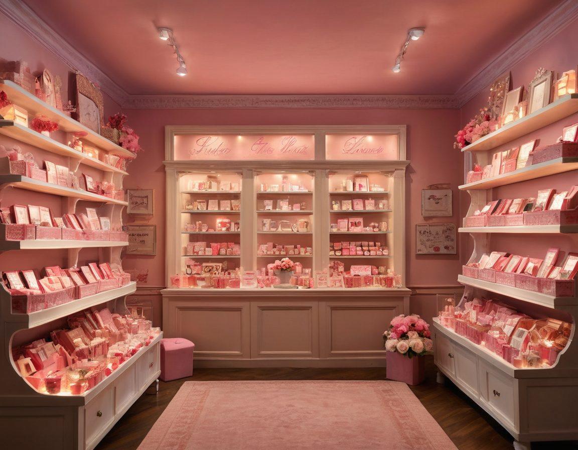 A whimsical scene featuring a cozy, stylish gift shop filled with beautifully wrapped discounted gifts, adorned with hearts and romantic decorations. A couple browses the shop, surrounded by items like love letters, personalized trinkets, and sweet treats. Warm, inviting lighting adds to the romantic atmosphere, while a sign saying 'Affordable Romance' hangs prominently. The colors should evoke warmth and affection, with soft pinks and reds. super-realistic. vibrant colors. cozy ambiance.